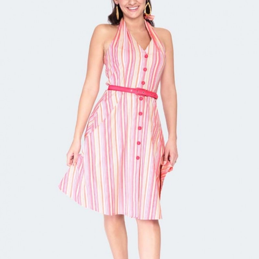 Voodoo Vixen Pink and White Striped Halter Midi Dress